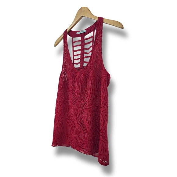 🌿Maurices Women's Medium Burgundy Lace Brocade Racerback Lattice Sleeveless Top - Picture 4 of 12